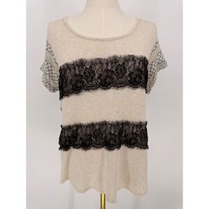 Daytrip Women's Beige Lace Trim Knit Top Short‎ Sleeve Zipper Back Size L